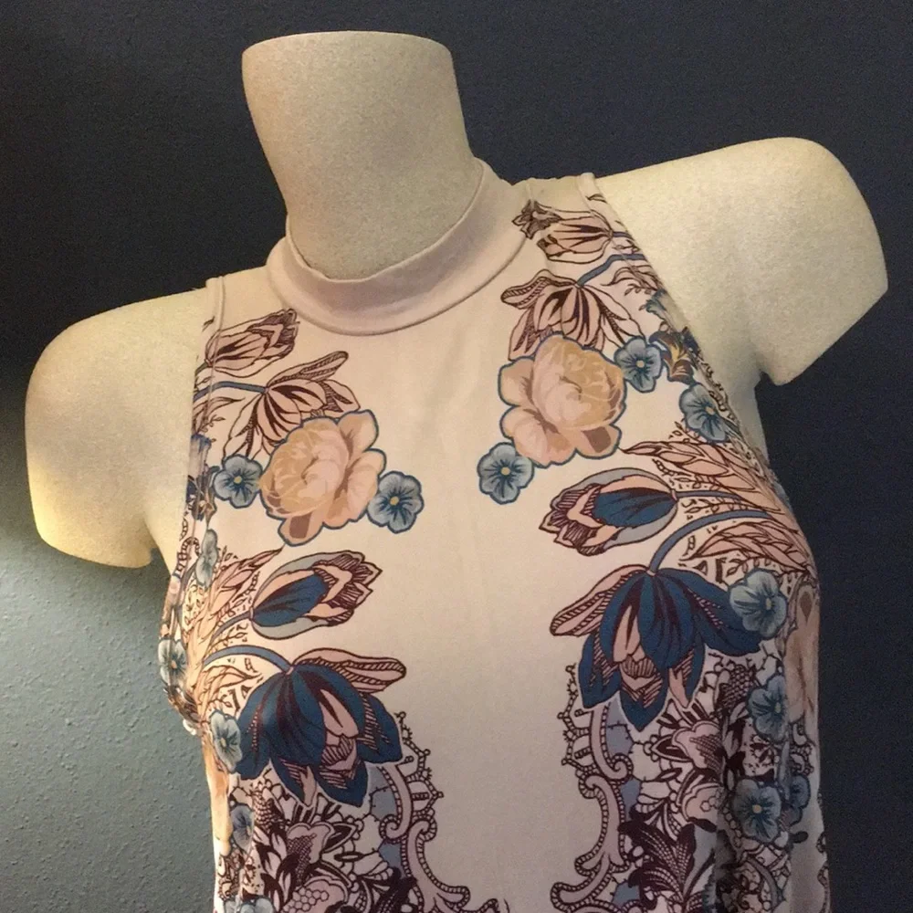 NWT High Neck Tan Blue Print Mini Dress S - Picture 4 of 5